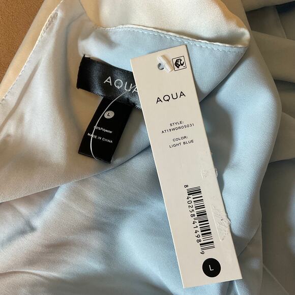 Satin One Shoulder High Low Cocktail Dress Blue Size 12 Thigh Slit Shift by AQUA - Picture 9 of 12